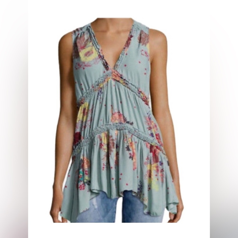 Free People Sleeveless Tunic Top, Sz. XS, Floral Print, High-Low Style, Ruffles
